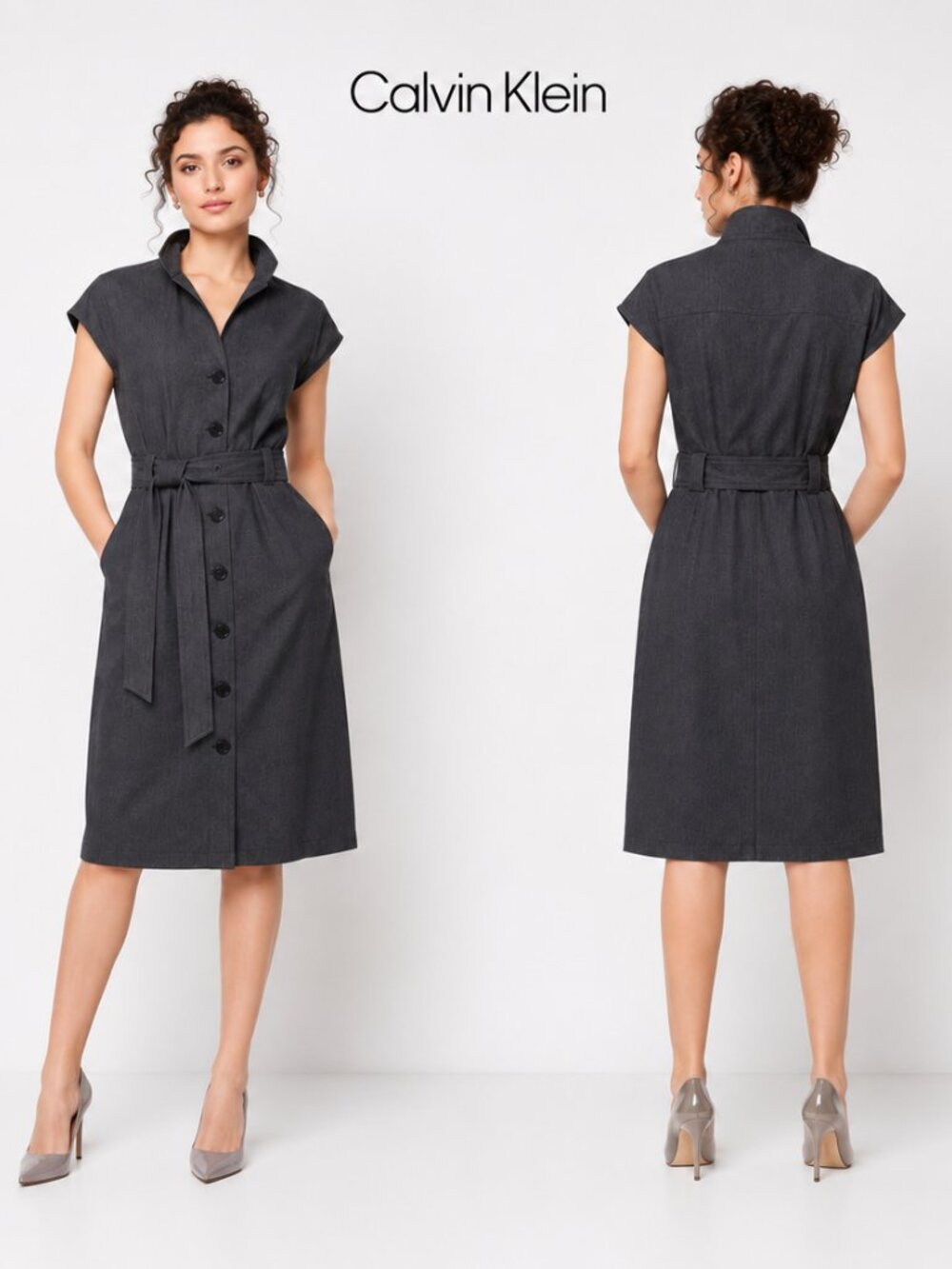 Calvin Klein Charcoal Grey Button Front Belted Midi Shirt Dress CD4X1Y61 size 6
